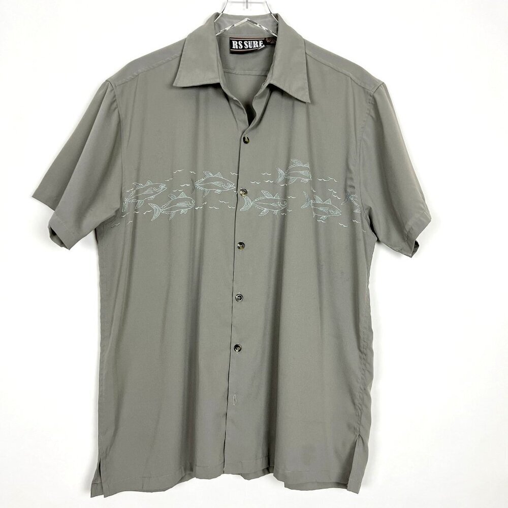 RS Surf Shirt Mens XL Grey Shark Embroidered Lightweight Short Sleeve Fishing